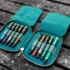 Galen Leather Pen Case Zippered 10 Slots In Crazy Forest Green