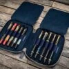 Galen Leather Pen Case Zippered 10 Slots In Crazy Horse Navy Blue
