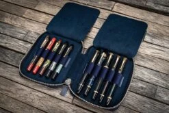 Galen Leather Pen Case Zippered 10 Slots In Crazy Horse Navy Blue