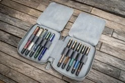 Galen Leather Pen Case Zippered 10 Slots In Crazy Horse Smokey Grey