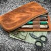 Galen Leather Slip-N-Zip Zippered 4 Slot Pen Pouch In Crazy Horse Brown