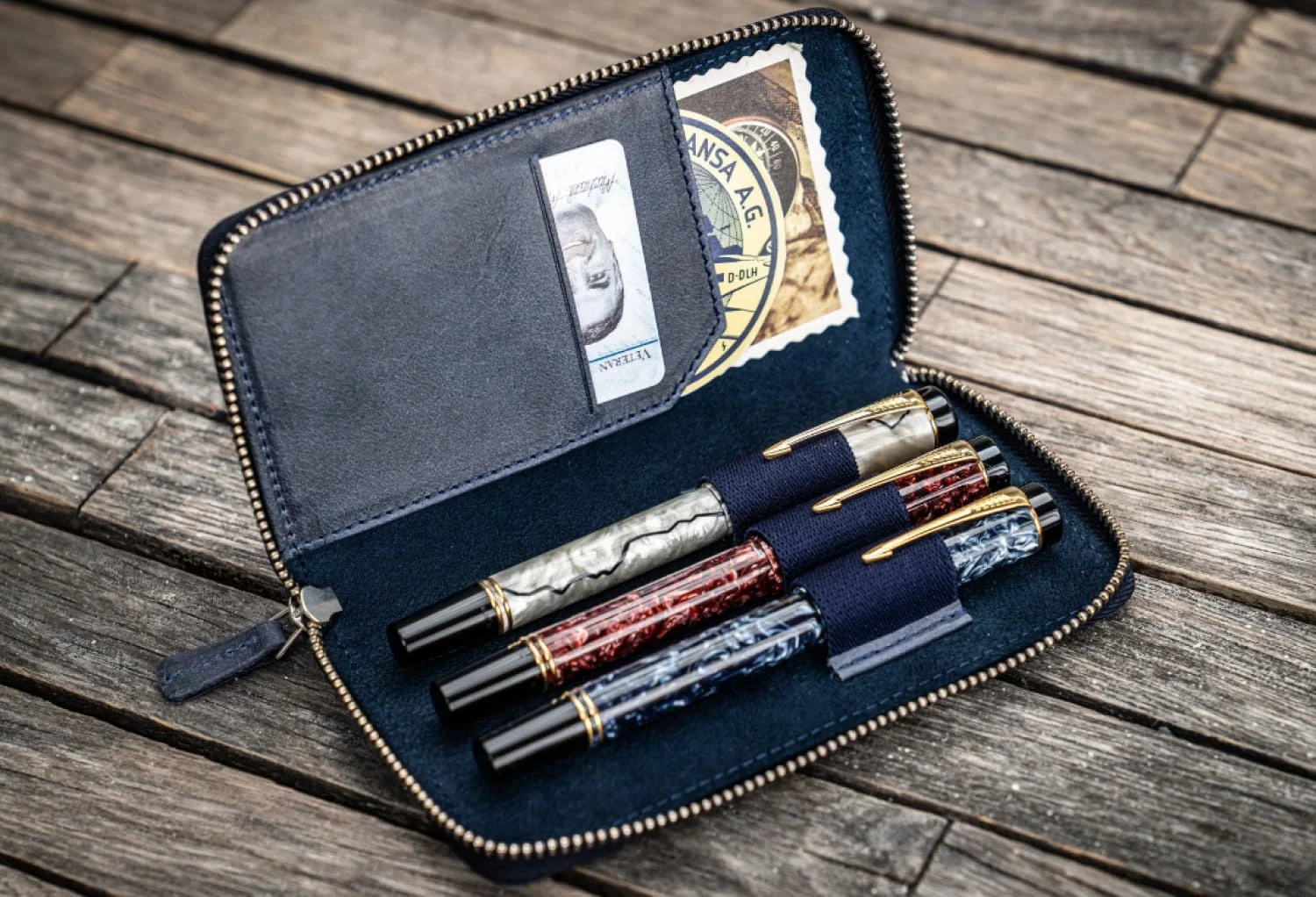 Galen Leather Zippered Three Pen Case In Crazy Horse Navy Blue 1 Galen Leather Zippered Three Pen Case In Crazy Horse Navy Blue